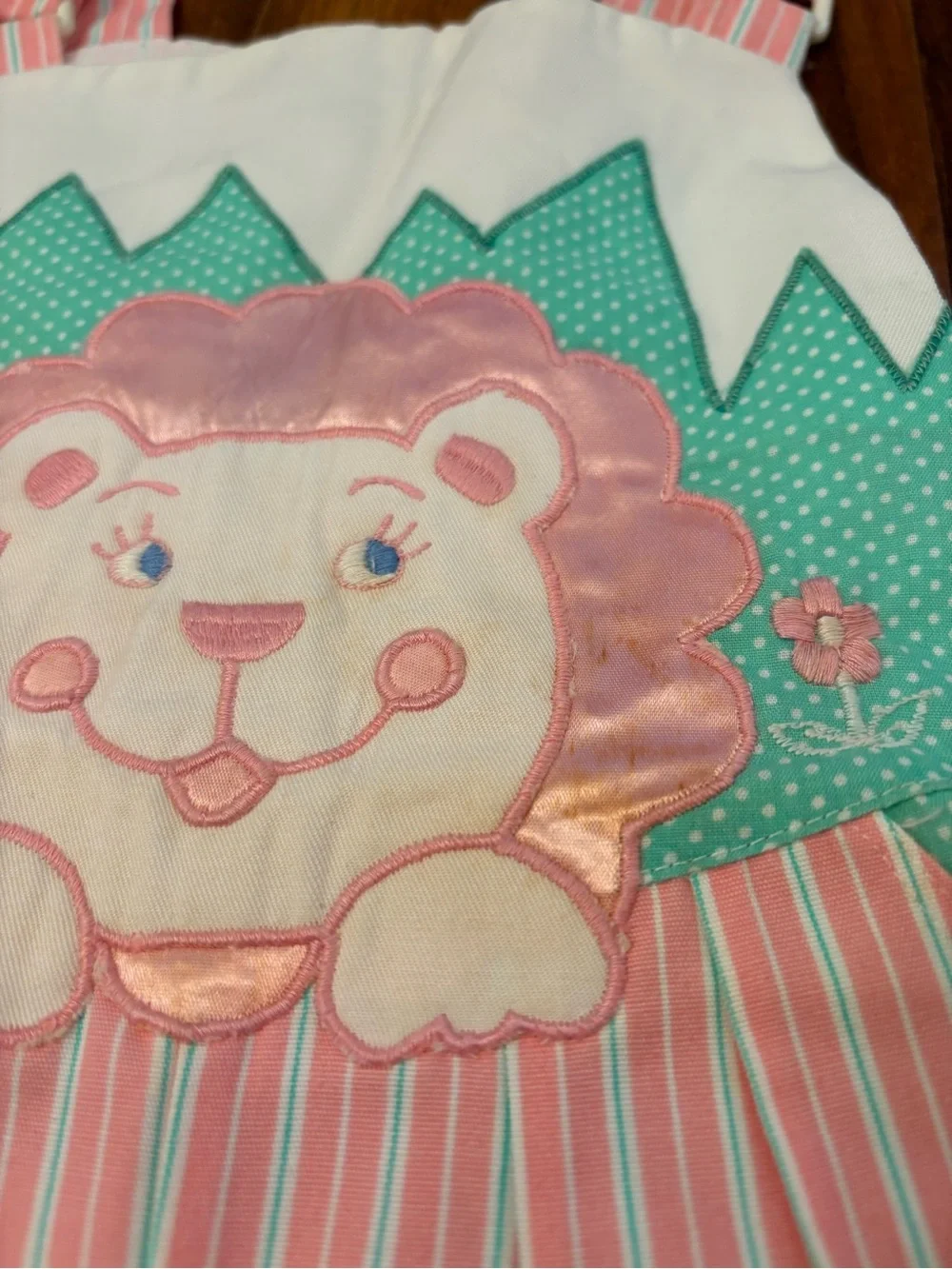 Vintage Lion Pink Stripe Embroidered Overall Shorts